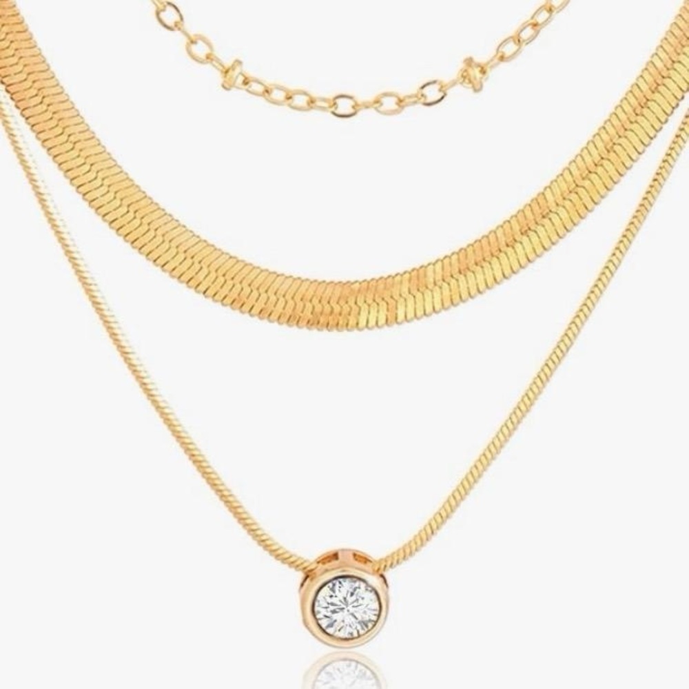 3 Layer Necklace Round Gold Diamond Pendant Dainty Choker Chain Layered Set - Picture 4 of 5